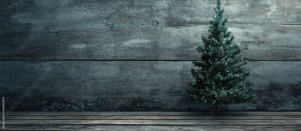 Poster decorative christmas tree on a rustic wooden backdrop with ample copy space for text placement.
