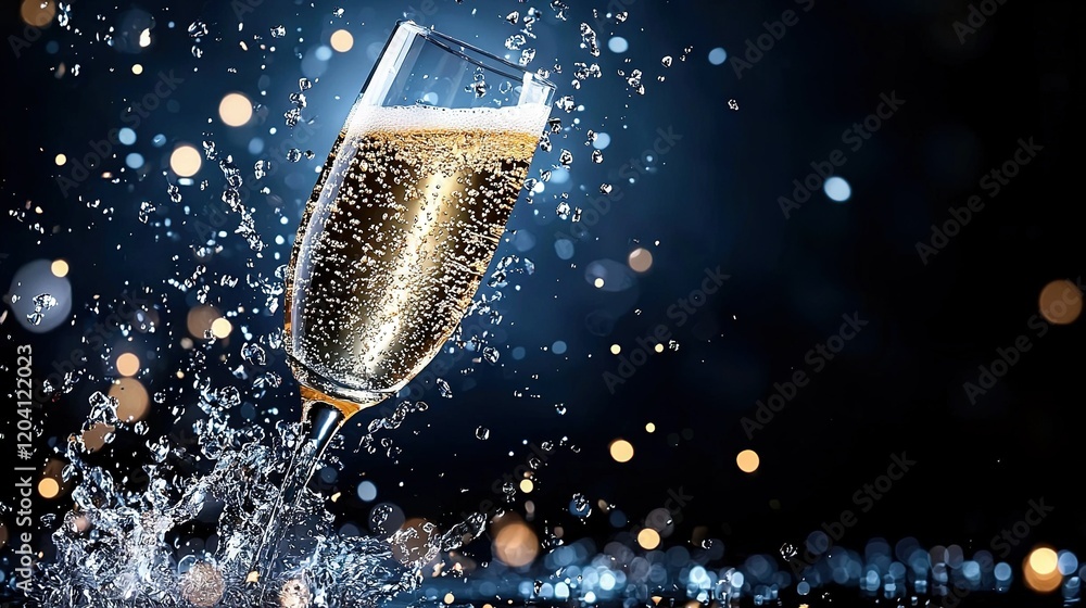 Poster a glass of champagne splashing into water on a black background with a bokeh of light in the backgro