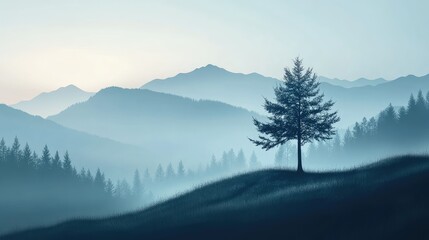 Lonely tree on a hilltop with misty mountains and soft pastel sky in the background Copy Space