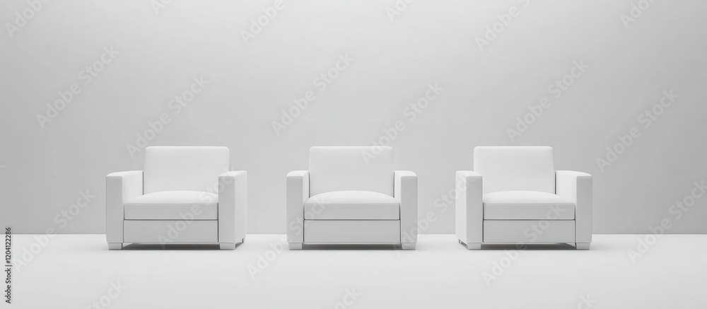 Poster three minimalistic white armchairs arranged in a modern empty space with a light gray background and