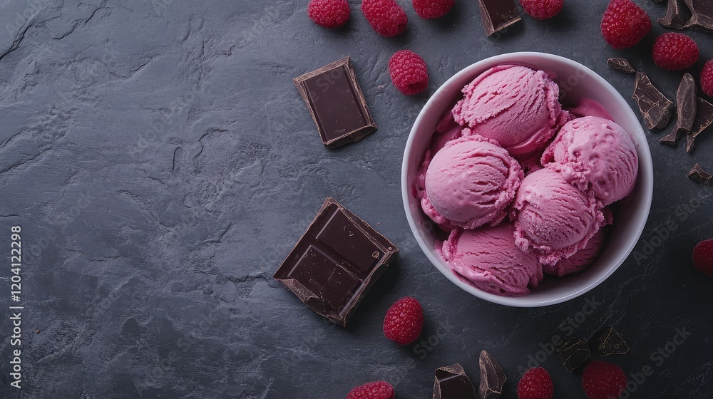 Poster pink raspberry ice cream in a bowl surrounded by fresh raspberries and dark chocolate pieces on a te