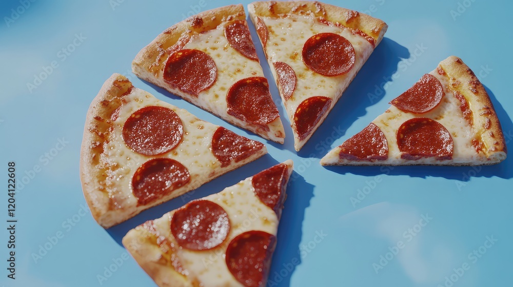Poster pepperoni pizza slices arranged on a blue background with copy space for text or graphics