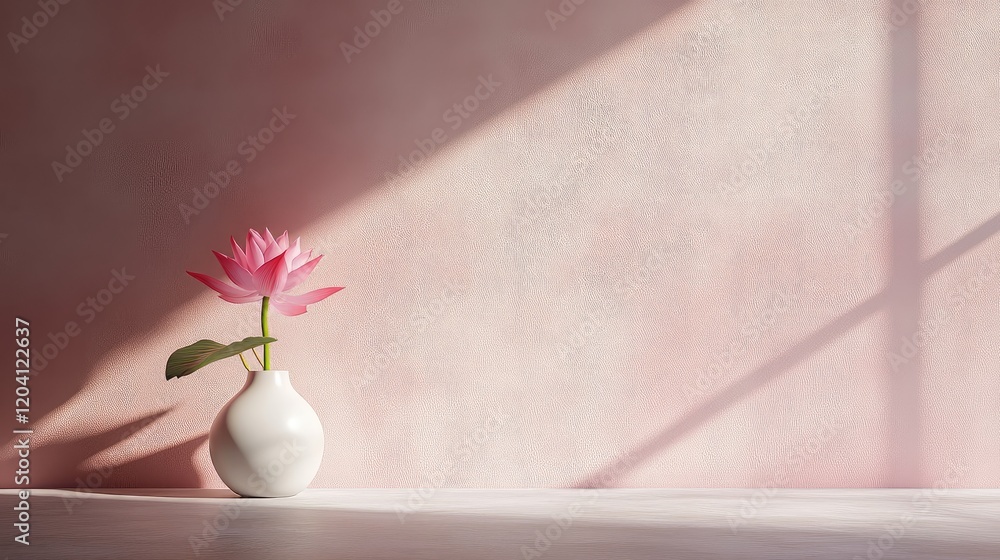 Poster pink lotus flower in a white vase against a soft pink wall with shadows and light create a serene se