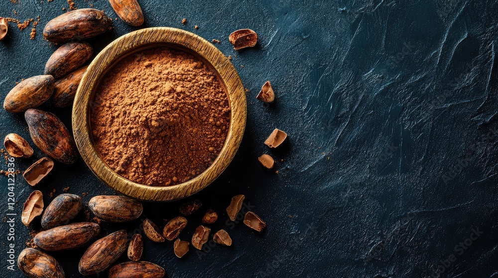 Poster cocoa powder in wooden bowl surrounded by cocoa beans on dark textured background with copy space