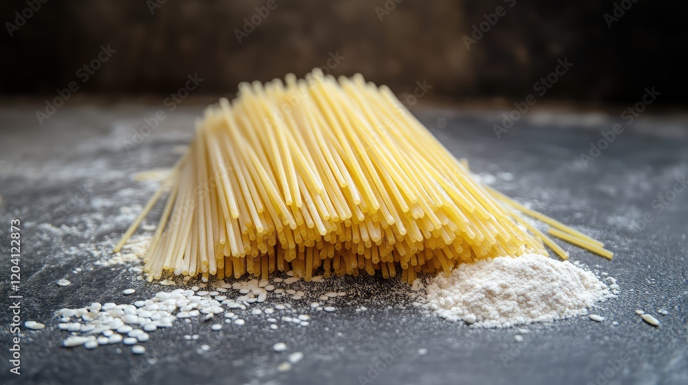 Aufkleber raw spaghetti noodles with flour and oats on dark textured background. copy space for text placement