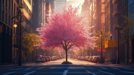 Fototapeta premium Vibrant cherry blossom tree blooms in an urban street during sunset