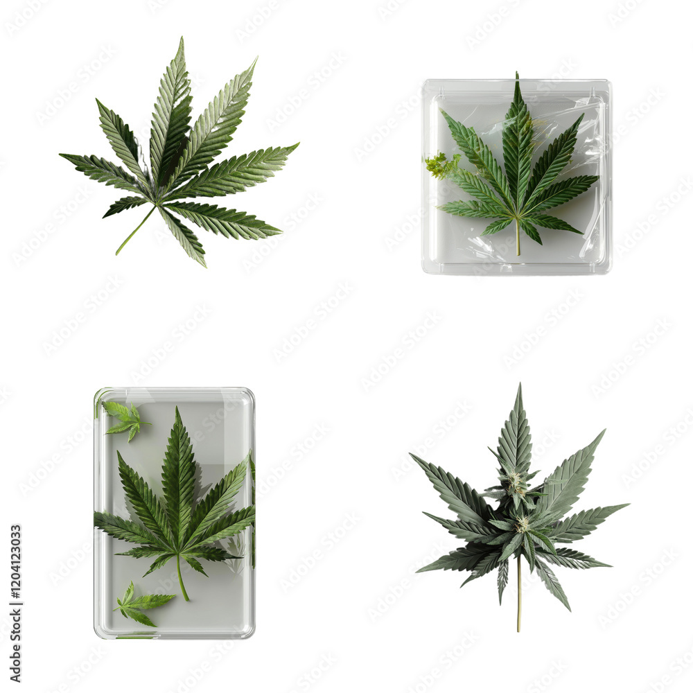 Poster collection of various cannabis leaves displayed on a white background for botanical study and refere