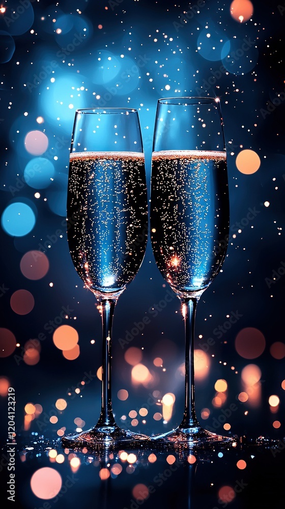Poster two wine glasses resting side by side against a hazy backdrop with a softly focused light source