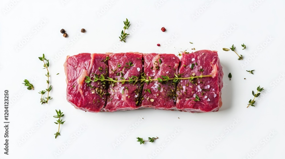 Poster raw beef cut with herbs and spices on white background including peppercorns and thyme with copy spa