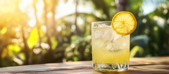 Refreshing lemon cocktail in a glass with ice and a slice of lemon on a wooden table surrounded by tropical greenery Copy Space