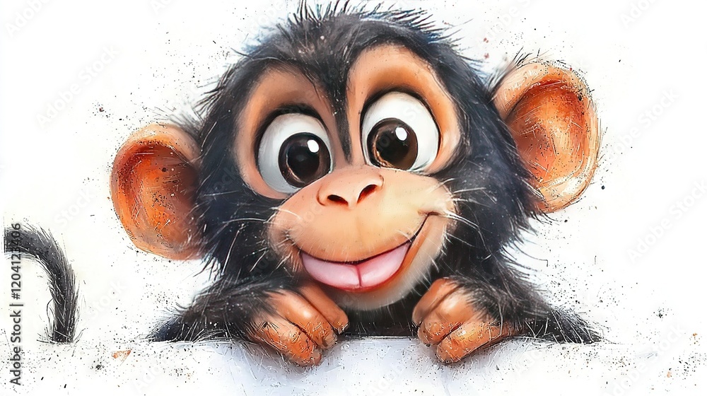 Poster a monkey peeks out from behind a wall with a big smile on its face in a close-up image