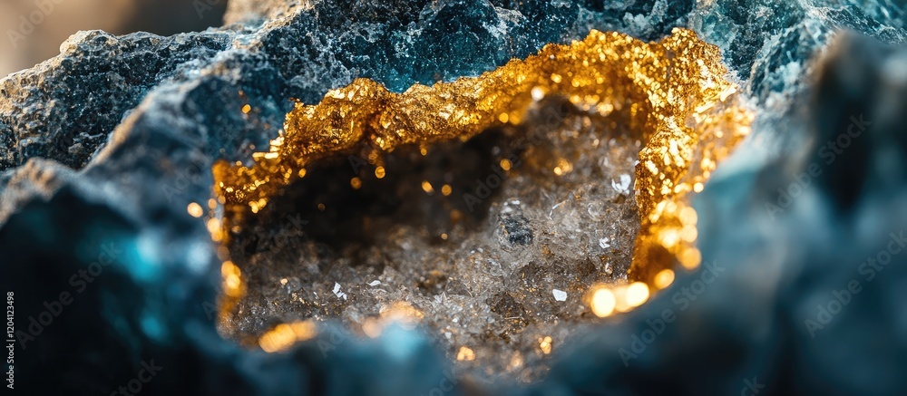 Aufkleber macro shot of metallic mineral with golden highlights embedded in textured rock surface copy space
