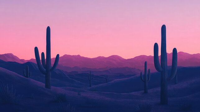 Desert landscape at dusk with silhouetted cacti and purple sky featuring mountains in the background and Copy Space for text placement - Powered by Adobe