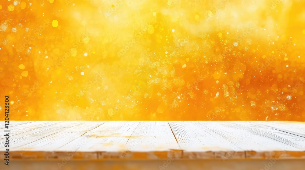 Poster bright golden background with wooden table surface and ample copy space for text or graphics