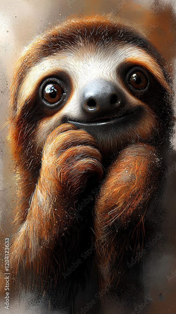 Poster a close-up of a sloth with a somber expression, touching its face with its hands
