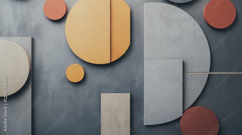 Poster abstract geometric composition with circular and rectangular shapes in earthy tones on a textured gr