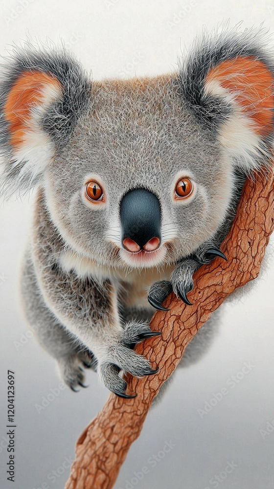 Poster a koala is perched on a tree limb with a surprised expression as it gazes at the camera
