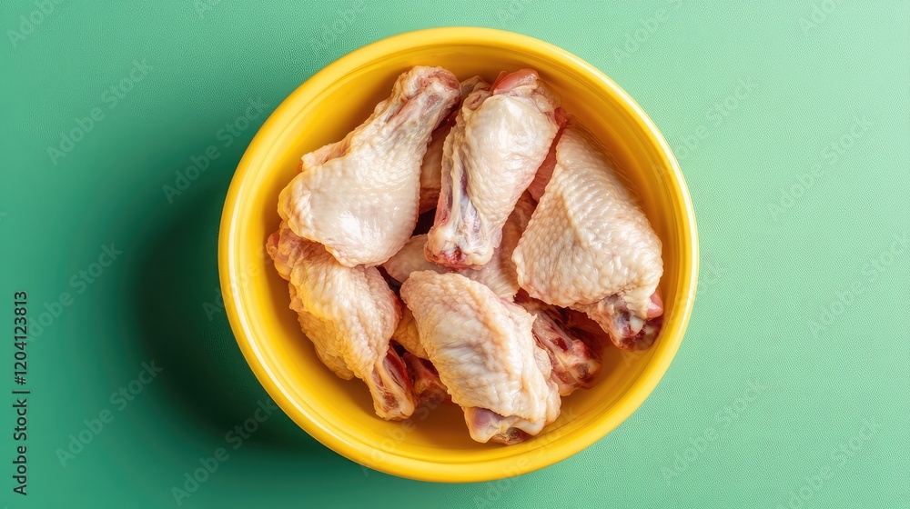Aufkleber raw chicken wings in a yellow bowl on a green background with ample copy space for text placement