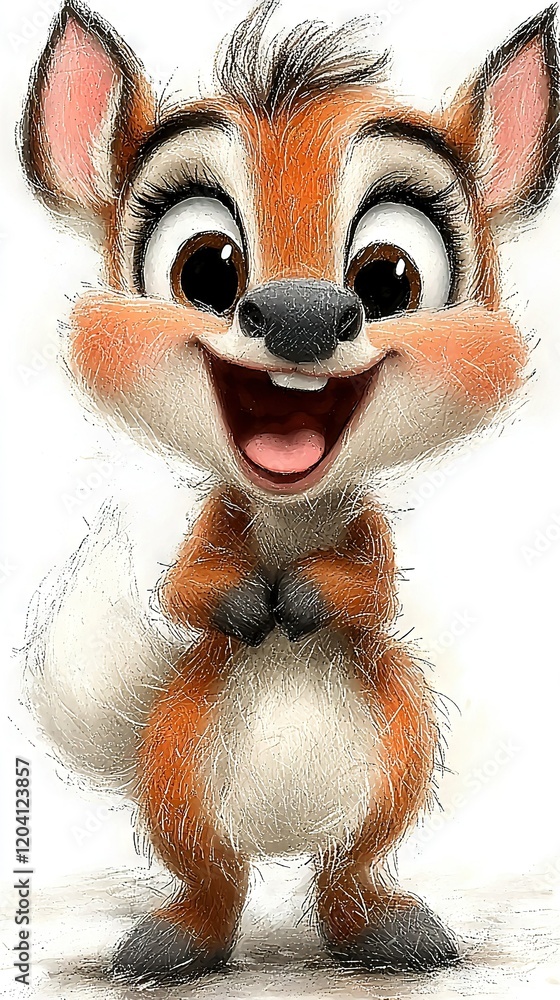Poster a drawing of a small fox with a large smile on its face and a large smile on its face