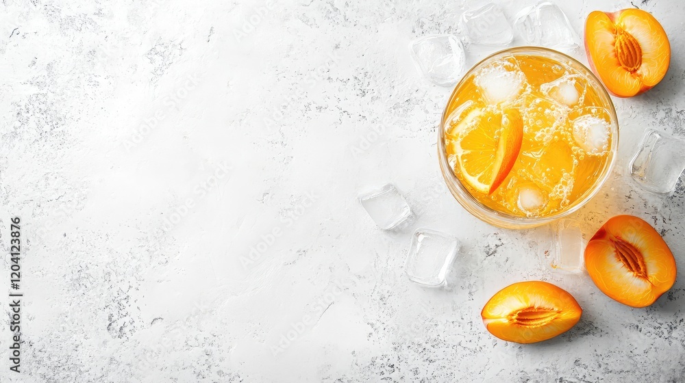 Poster refreshing orange cocktail in a glass with ice cubes and sliced oranges on a textured background cop