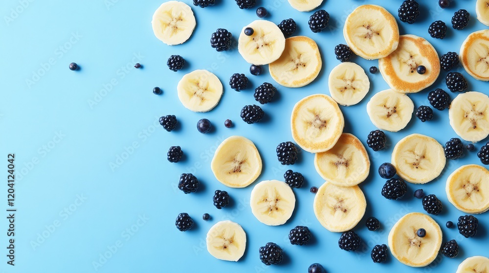 Poster sliced bananas and blackberries scattered on blue background with copy space for text