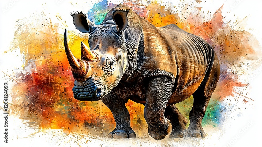 Poster a picture of a rhino standing in front of a watercolor background with splashes of color