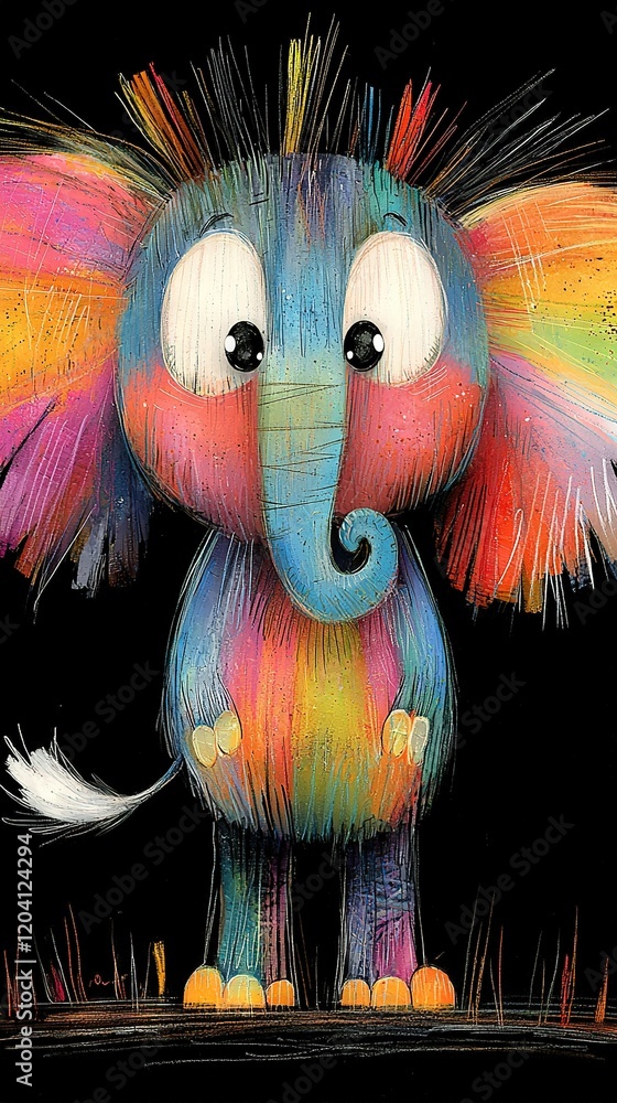 Poster an image of an elephant with colorful feathers on its head and trunk, set against a dark backdrop