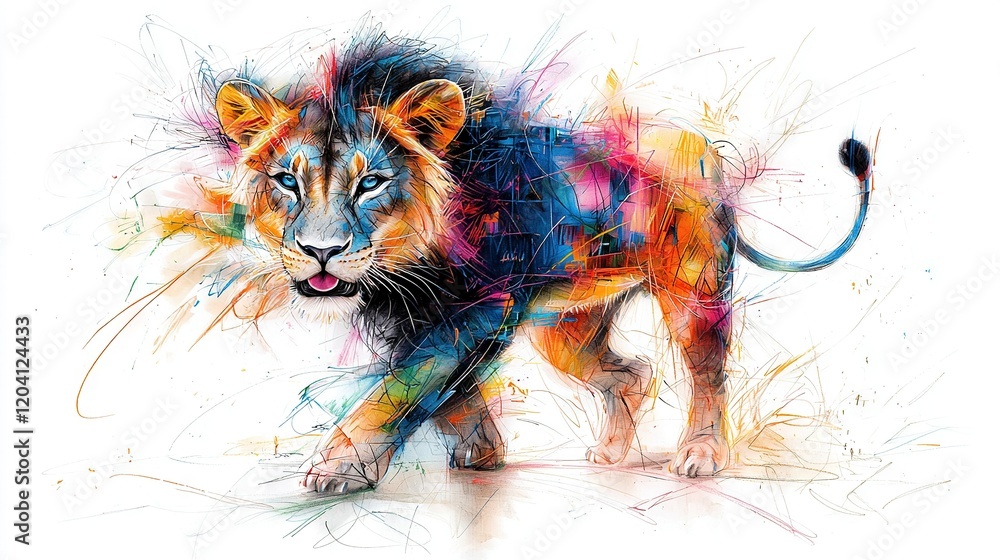 Poster painting of a lion on a white canvas with a splash of color on its face and tail