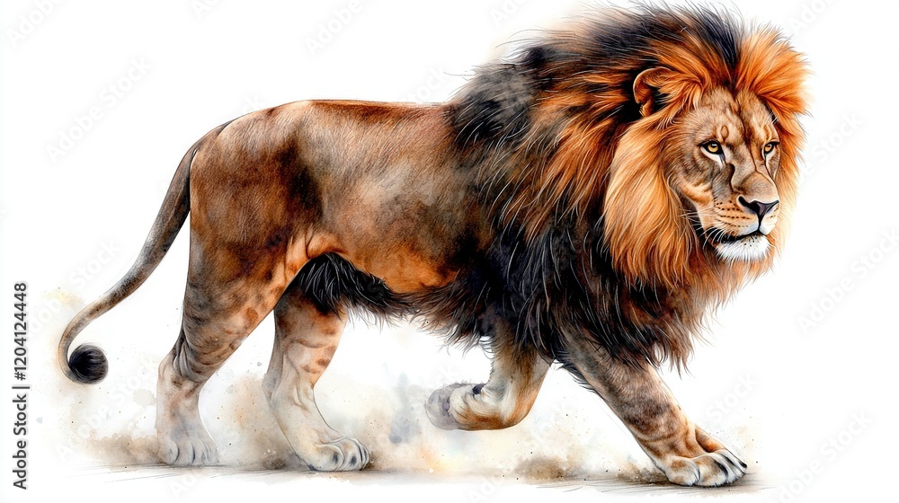 Poster drawing of a lion on a white background with a blurred background image of a lion