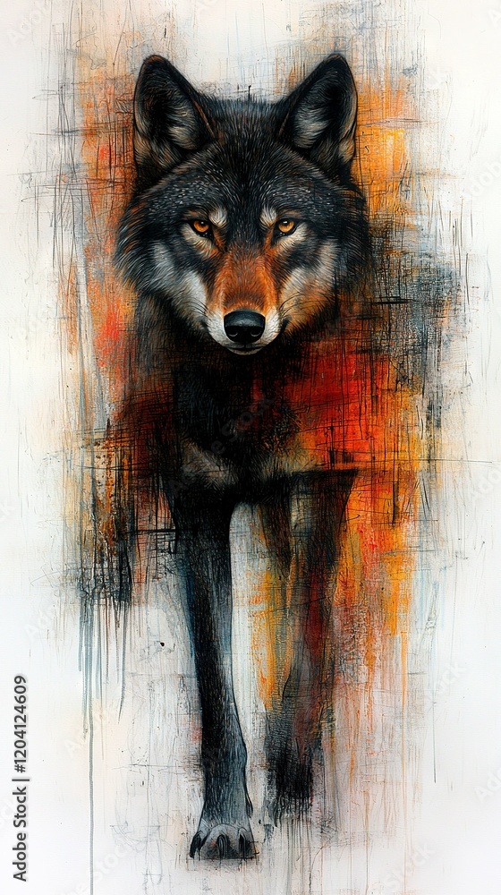 Wall mural   A wolf stands before a white wall adorned with orange and red splatter