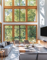 Spacious contemporary living room with large glass windows, natural light, and a cozy seating area. The combination of wood, neutral colors, and greenery enhances the open and airy ambiance.