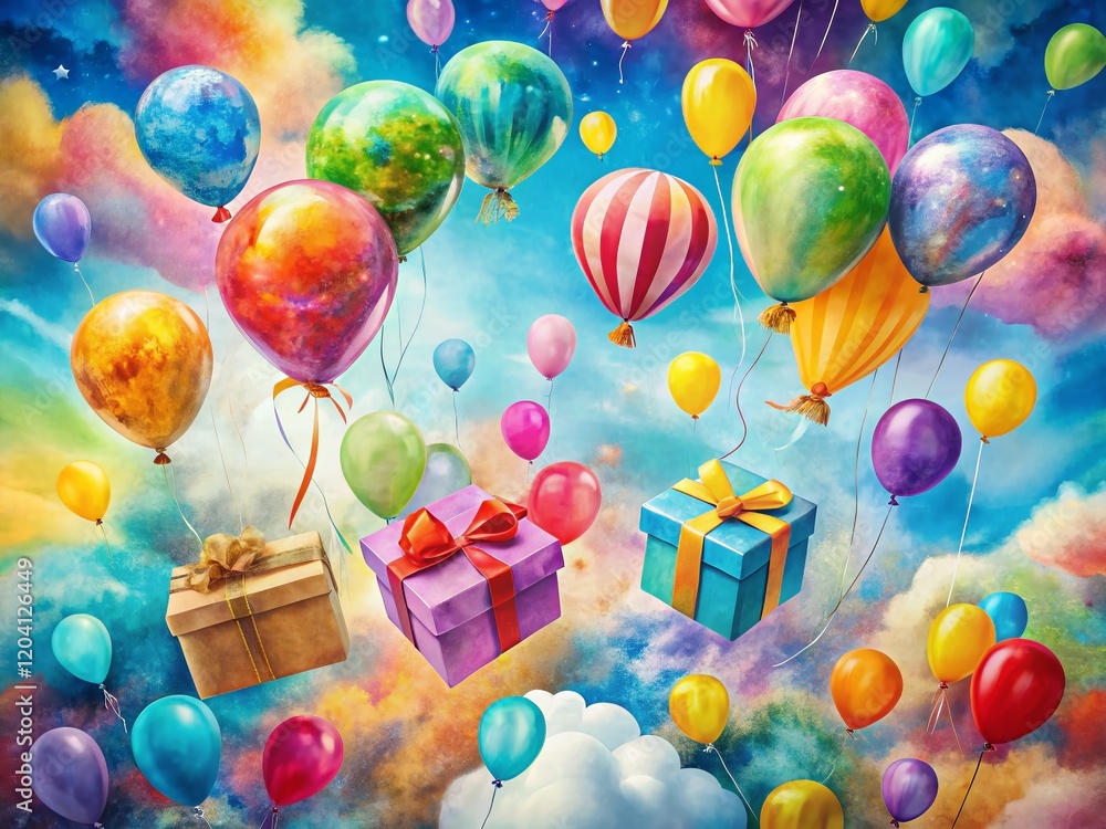 Wall mural Watercolor Birthday Balloons & Gifts Aerial View - Festive Banner