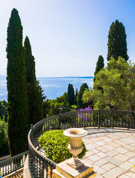 Panoramic view from Achilleion Palace Gardens towards Ionian sea on Corfu island, Greece