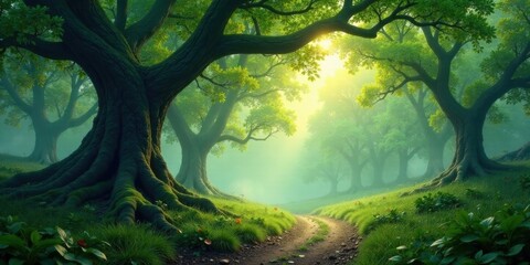 Fototapeta premium A Mystical Path Winding Through an Ancient, Lush Forest, Bathed in the Soft Light of Dawn