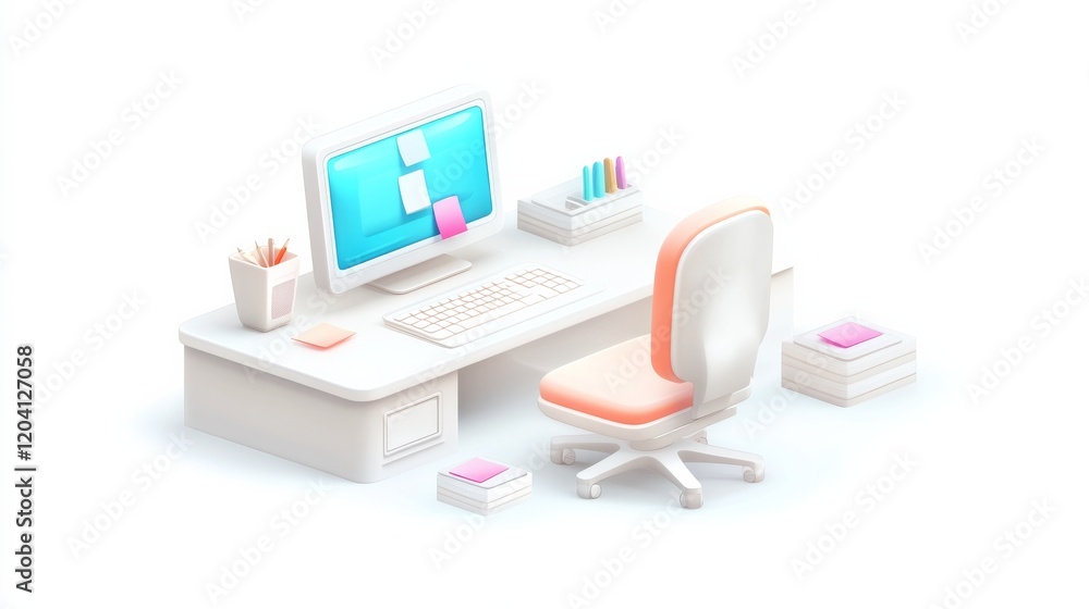 Poster a minimalist office setup featuring a desk, computer, and chair, designed with soft colors for a mod
