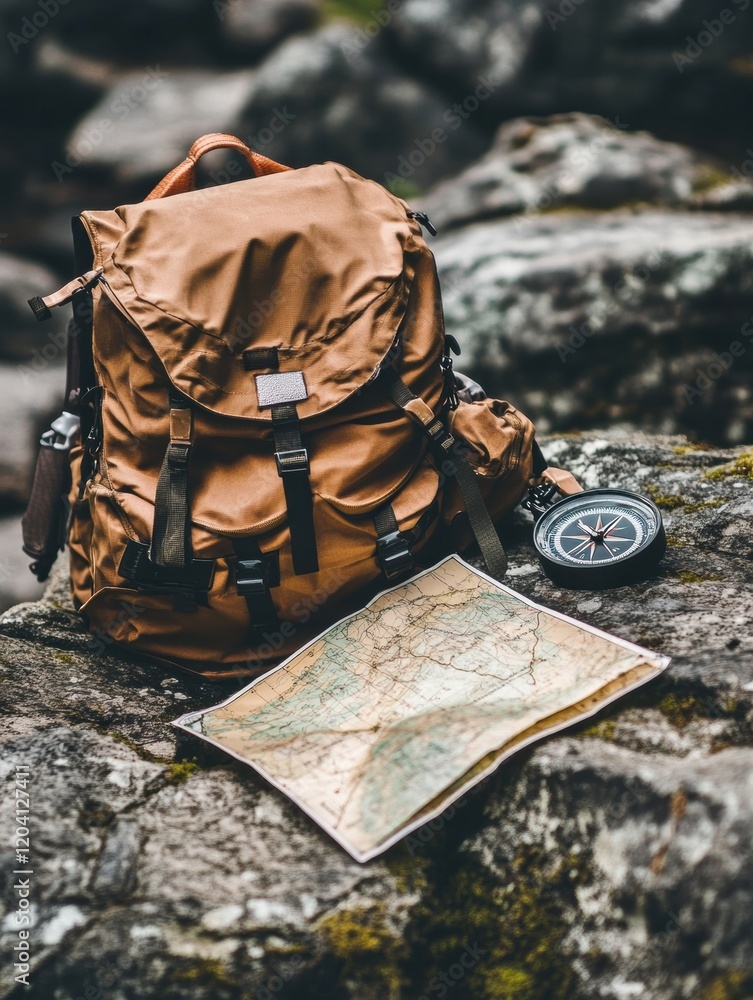 Aufkleber Brown backpack with map and compass resting on rocky terrain in a natural setting during daytime adventure. Generative AI