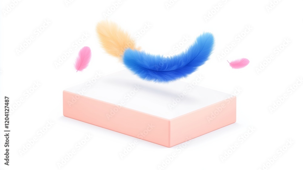 Aufkleber a minimalist design featuring a soft, colorful object floating above a light, rectangular base, crea