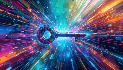 A vibrant key emerges from a dazzling array of colorful light and digital patterns, symbolizing access to a limitless realm of possibilities and innovation. The dynamic energy reflects creativity