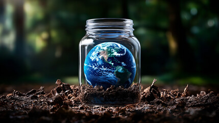 Earth in a glass jar symbolizes environmental conservation and the fragility of our planet in a lush backdrop
