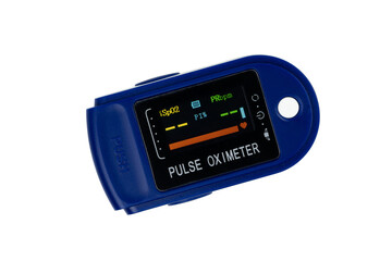 Pulse oximeter device displaying oxygen saturation and heart rate measurements for health...