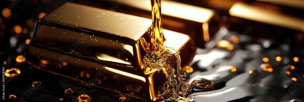 Poster Liquid gold flowing over shiny gold bars creating a luxurious display in a dark setting. Generative AI