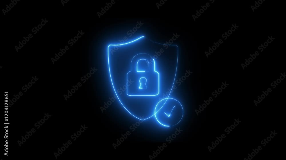 Poster glowing neon color lock animation icon neon security, protection illustration symbol lock secure loc