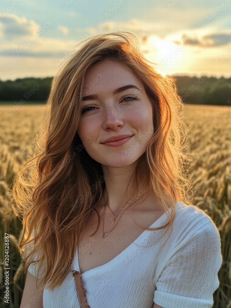 Poster sunset portrait of a woman smiling in a golden wheat field during summer in the countryside. generat