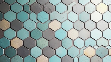 Fototapeta premium Geometry and Harmony for Wallpaper Backgrounds on Brick Walls concept. Textured hexagonal tiles in varying shades of blue and green.