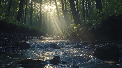 Obraz premium Sunbeams Illuminate Forest Stream Rocks And Trees