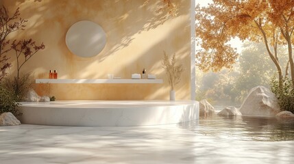 Serene modern bathroom interior with natural light, minimalist decor, and autumn foliage outside