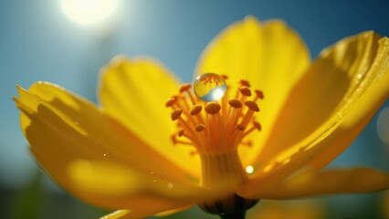 Obraz premium Close-Up of a Yellow Flower With Dew in a Sunlit Garden
