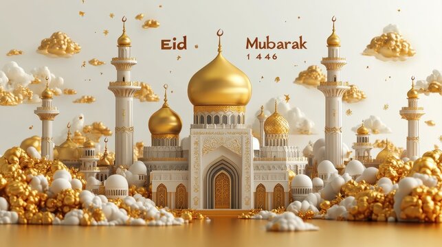 3D typography font style. Persian themed font says "Eid Mubarak 1446" with small green mosque line art style decoration. background isolated. 