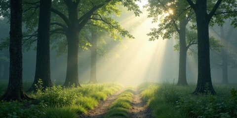 Fototapeta premium Sunbeams Illuminate a Mystical Forest Path, Enveloped in Morning Mist, Creating an Ethereal and Serene Atmosphere