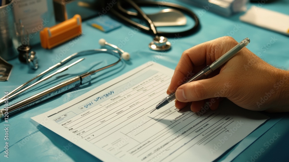 Aufkleber hand filling out medical form with stethoscope and tools present on the table in a healthcare enviro